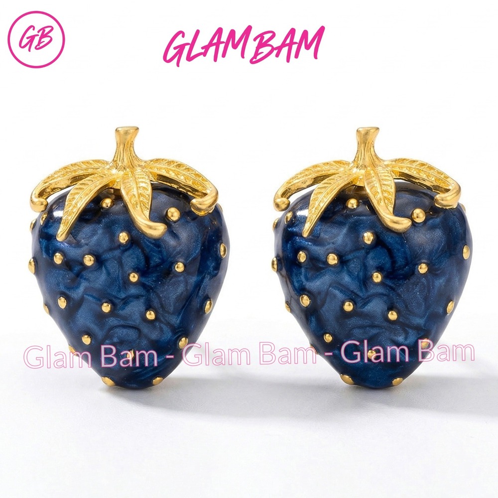 Blue‎ Marbled Strawberry Stud Earrings Silver Needle Post Alloy